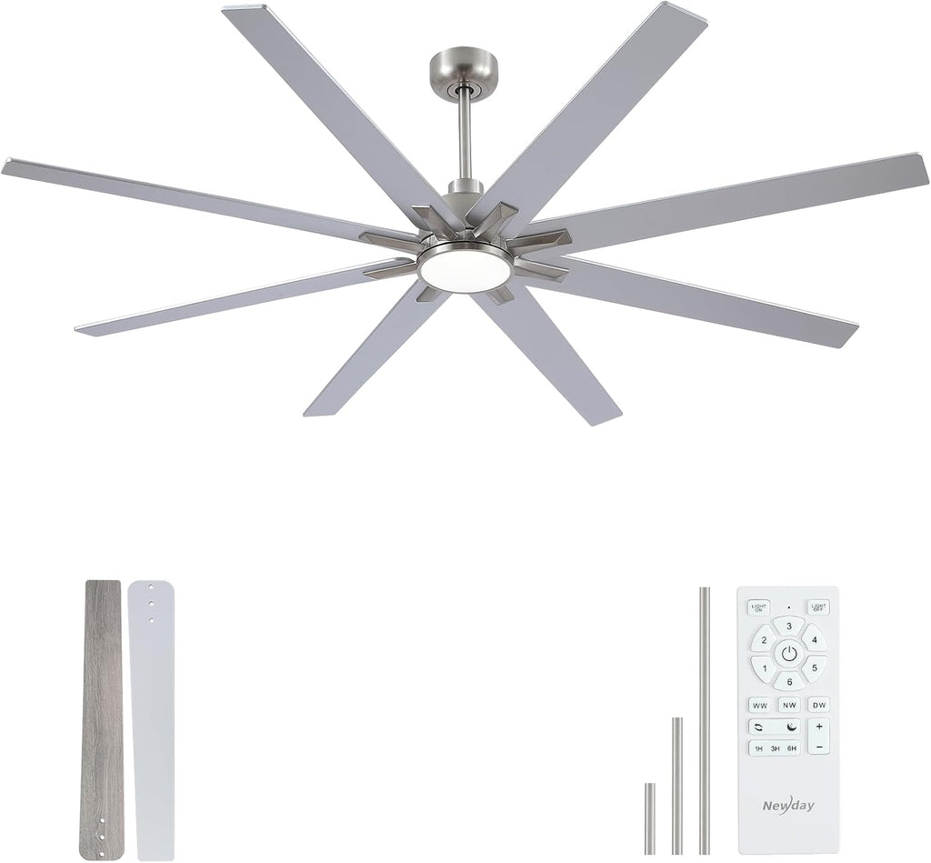 72 inch Large Ceiling Fans with Lights and Remote, Indoor/Outdoor Brushed Nickel Ceiling Fan
