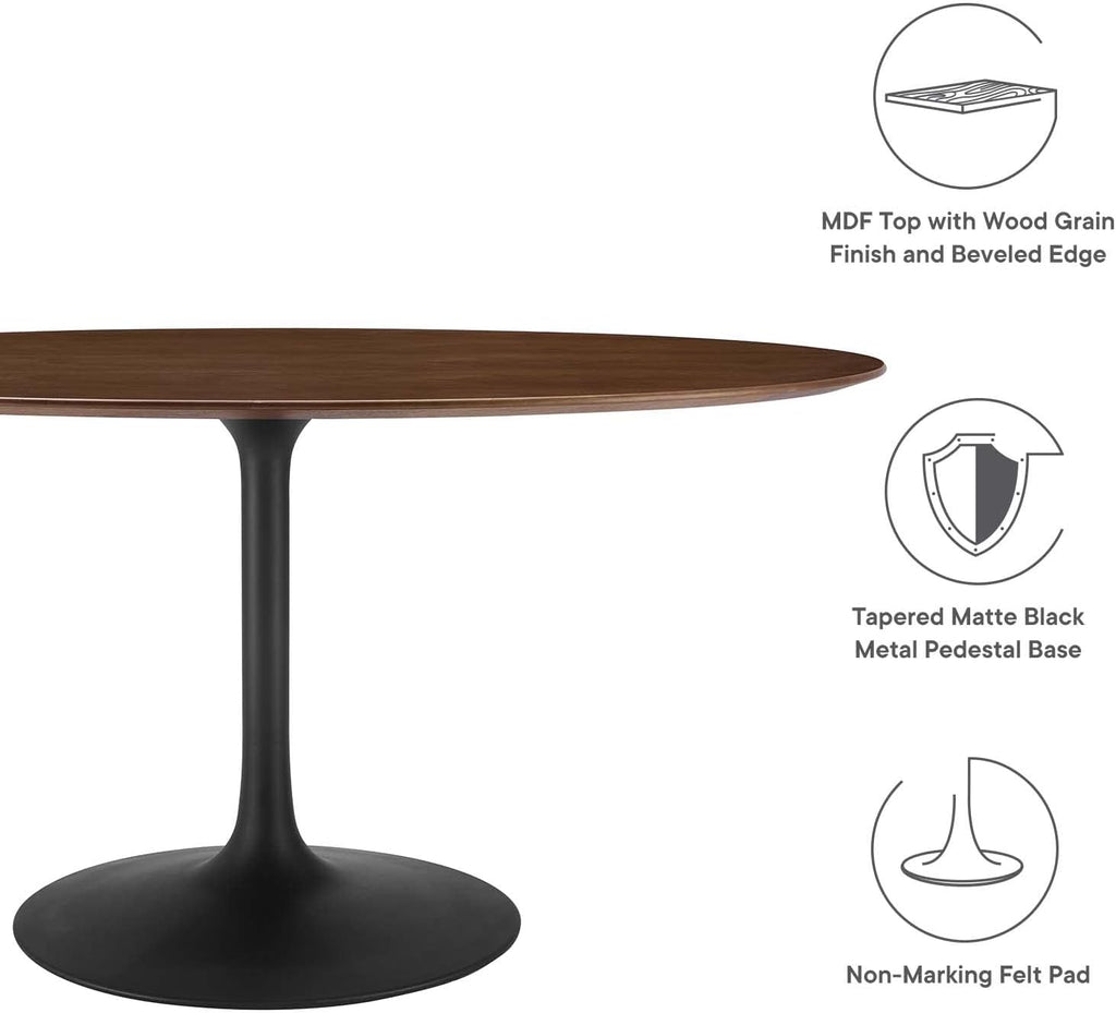 Inspired Tulip Style Oval Pedestal Dining Table — Black Base / Walnut Top, 60″ Oval
