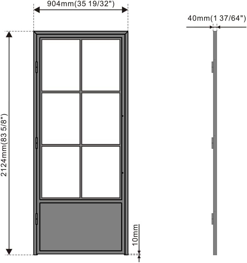 36 in. x 84 in. 6 Lite Frost Glass Black Steel Frame Prehung Interior Door with Door Handle