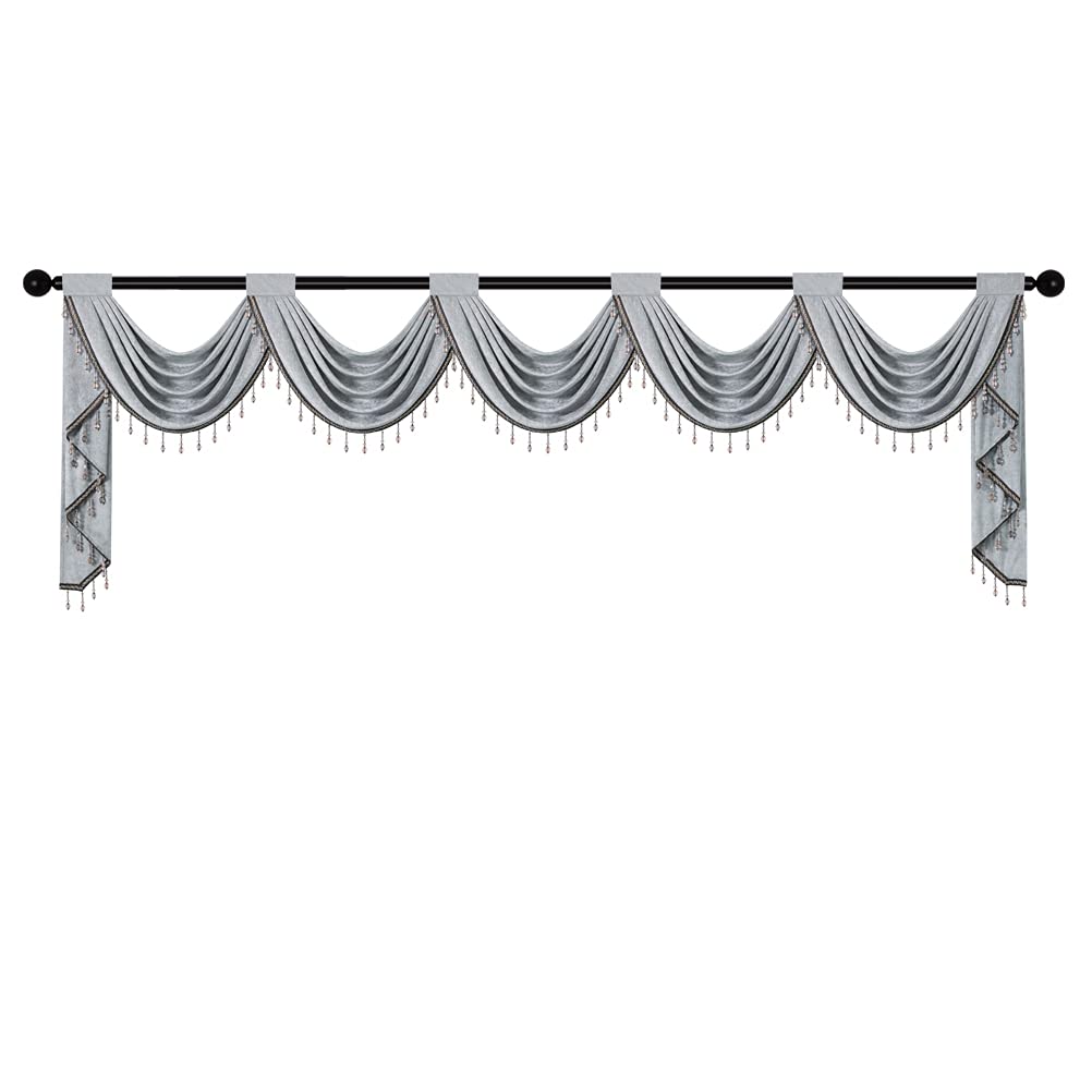 Luxury Silver Grey Chenille Waterfall Valance, 5 Hollow Swags Curtain Valance, Rod Pocket, 1 Panel
