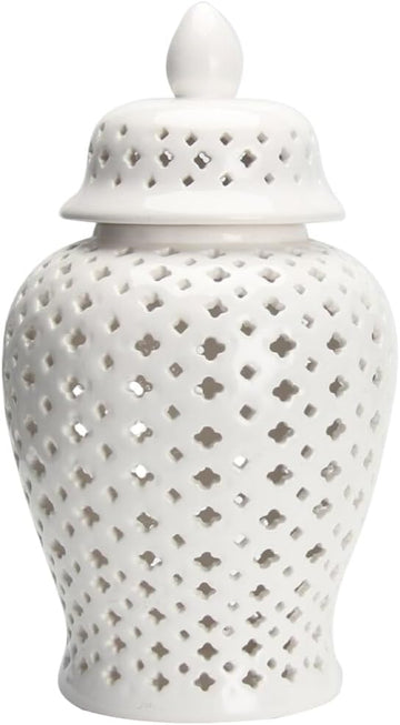 Ginger Jar Traditional Pierced Ginger Jar with Lid Ceramic Flower Vase Carved Lattice Decorative Temple Jar White