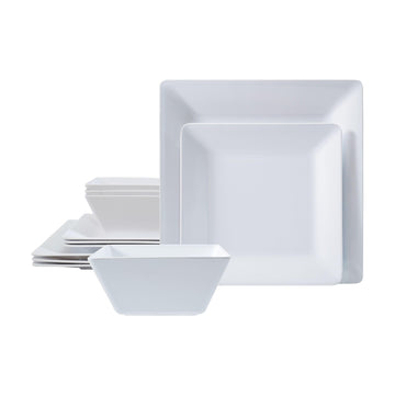 TP 12-Piece Melamine Dinnerware Sets, Square, Service for 4, White