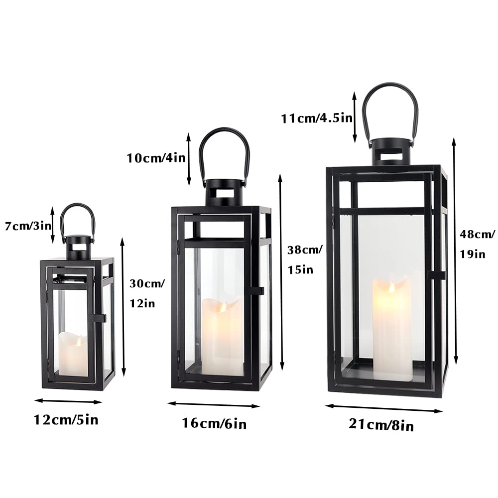 Stainless Steel Lantern Set of 3 - Assorted Sizes (12/15/19 Inch) - Tall Metal Hanging Lanterns with Clear Glass