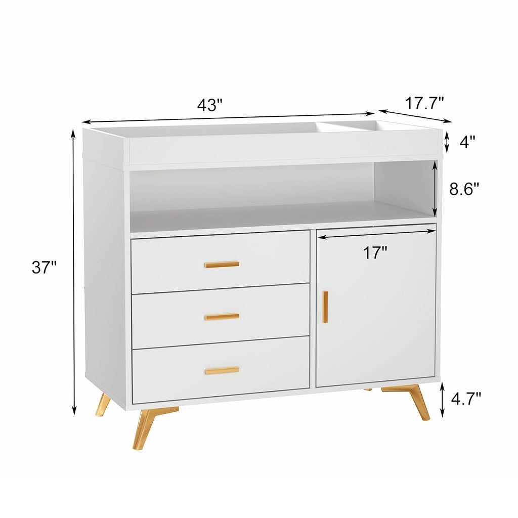 Baby Changing Table Dresser with Table Top, 3 Drawers & Open Shelf | Wooden Diaper Changing Station with Safety Rails