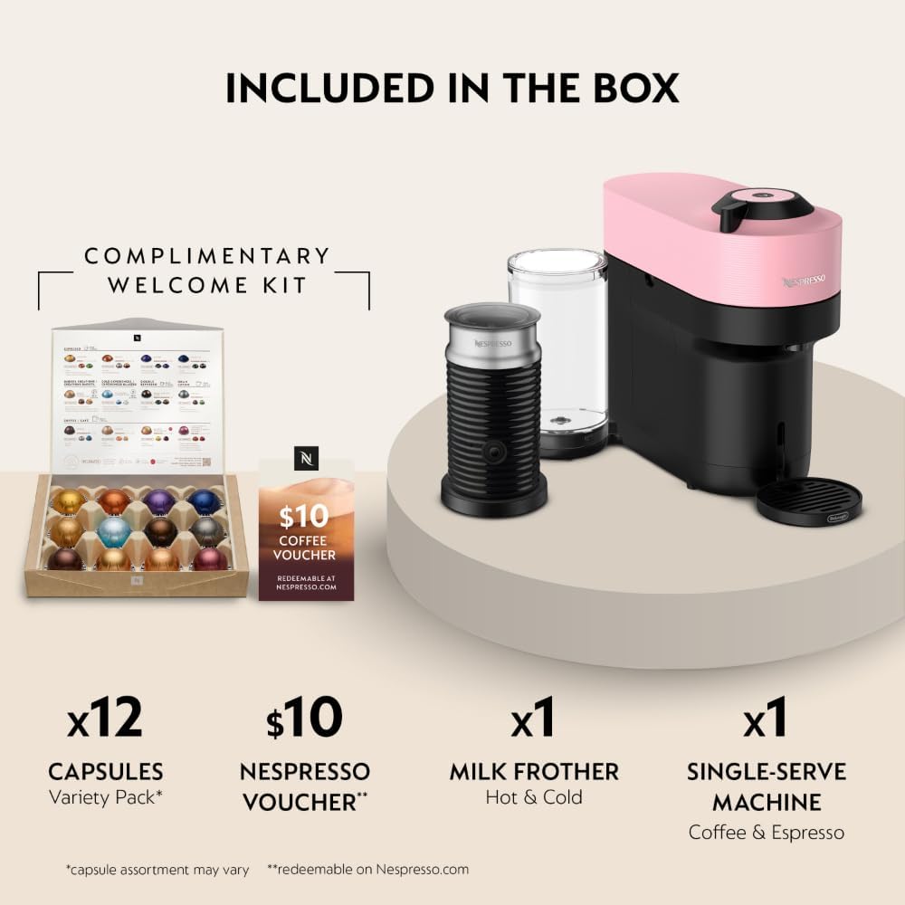 Vertuo Pop+ Coffee Machine with Milk Frother, Candy Pink | Coffee and espresso maker by with compact design.