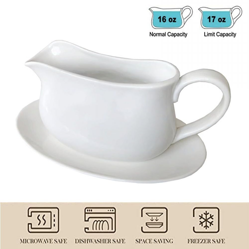 17oz Gravy Boat with Saucer Stand, Set of 1, Ceramic Sauce Boat with