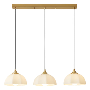 Modern 3 Light Pendant Lighting Gold Linear Dining Room Light Fixture Milk Glass Linear Chandelier Brass and White