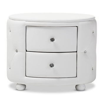 Davina Hollywood Glamour Style Oval 2-Drawer Faux Leather Upholstered Nightstand, Medium, White