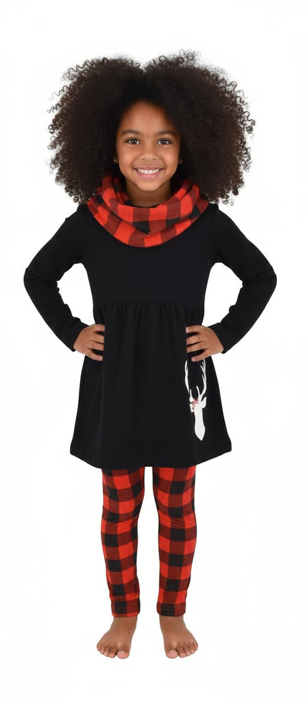 Girls 3 Piece Kids Toddler Christmas Plaid Reindeer Legging Set Outfit Long Sleeve Stretch Tunic Top Leggings and