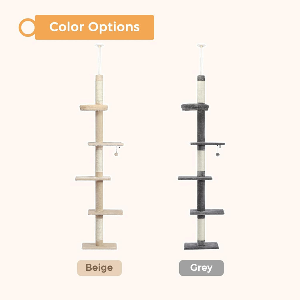 5-Tier Floor to Ceiling Cat Tree, 95-107In Tall Cat Tower Beige