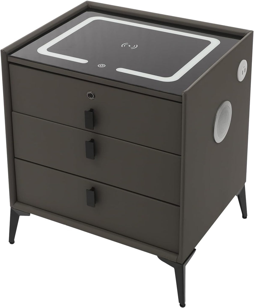 Smart Bedside Side Table w/USB Charging, Smart LED Nightstand w/Three-Color Light & Fingerprint Lock Drawer, Speaker