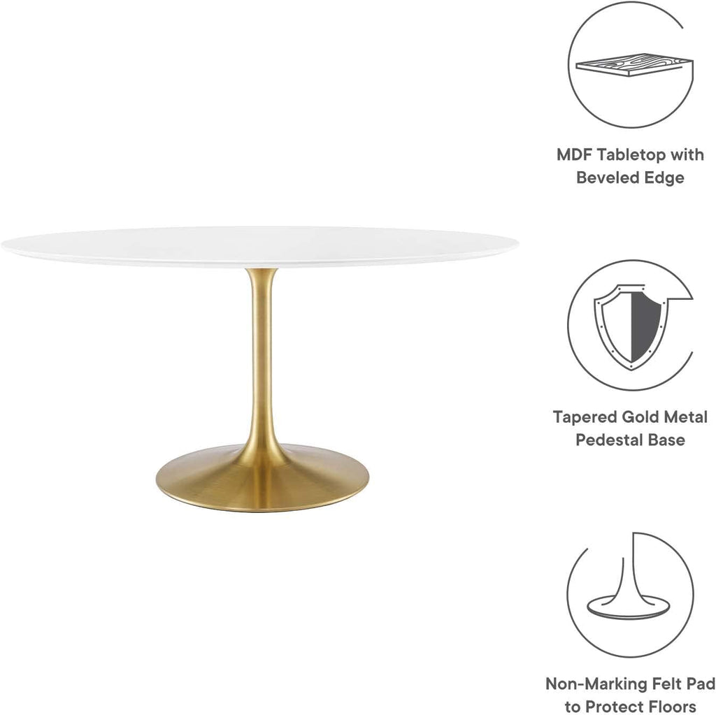 Inspired Tulip Style Oval Pedestal Dining Table — Gold Base / White Top, 60″ Oval