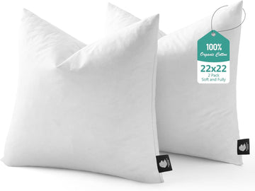 Luxury Feather Down 22x22 Pillow Inserts, Soft Fluffy Throw Pillow Inserts, 100% Organic Cotton Cover - Set of 2