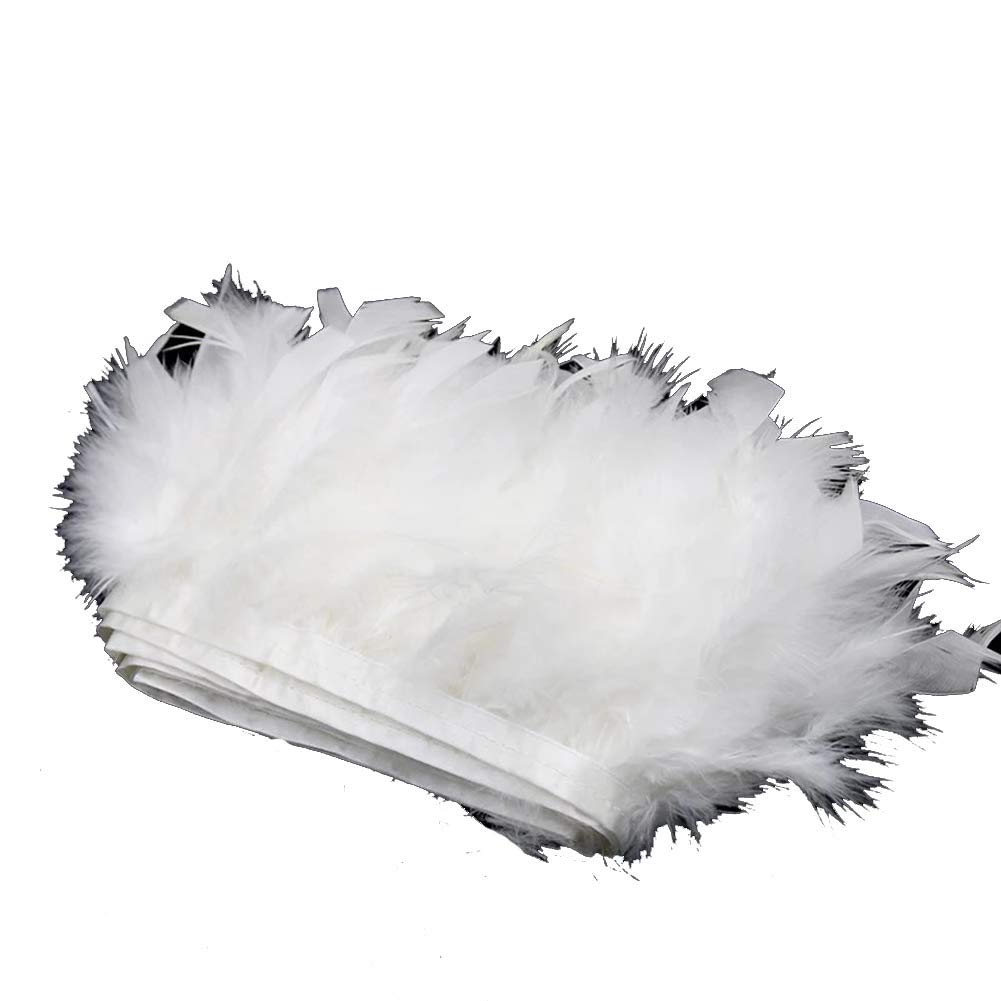 Pack of 2 Yards Natural Dyed Turkey Flakes Feathers 4~6inch Fringe Trim DIY Dress Crafts Costumes Decoration (White)