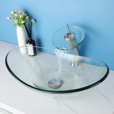 22 Inch Bathroom Vessel Sink with Waterfall Faucet and Pop-Up Drain Combo,Clear Glass Sink Bowl Above Counter Oval