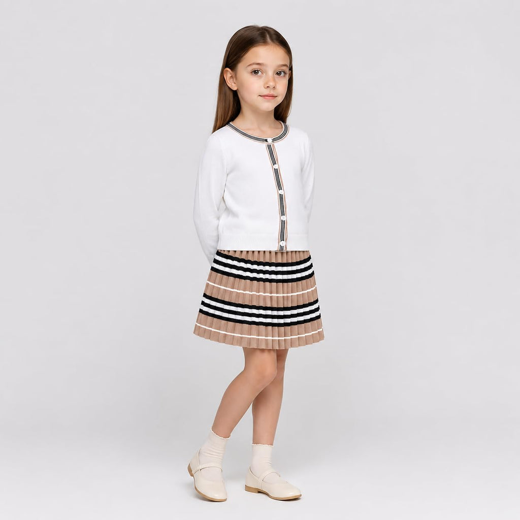 Two Piece Skirt Set for Little Girls Ribbed Knit Sweater Cardigan Pleated Skirt Outfits White