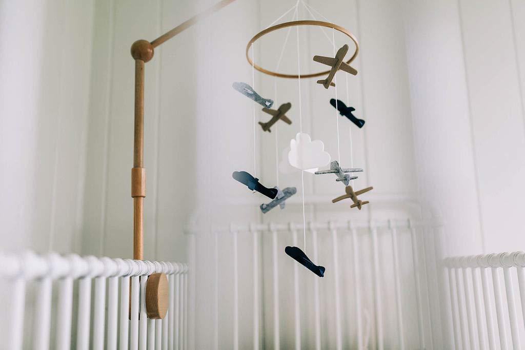 Airplane Nursery Set - Includes Baby Crib Mobile (Airplanes in The Clouds) + Wooden Baby Crib Mobile Arm - for Boys &