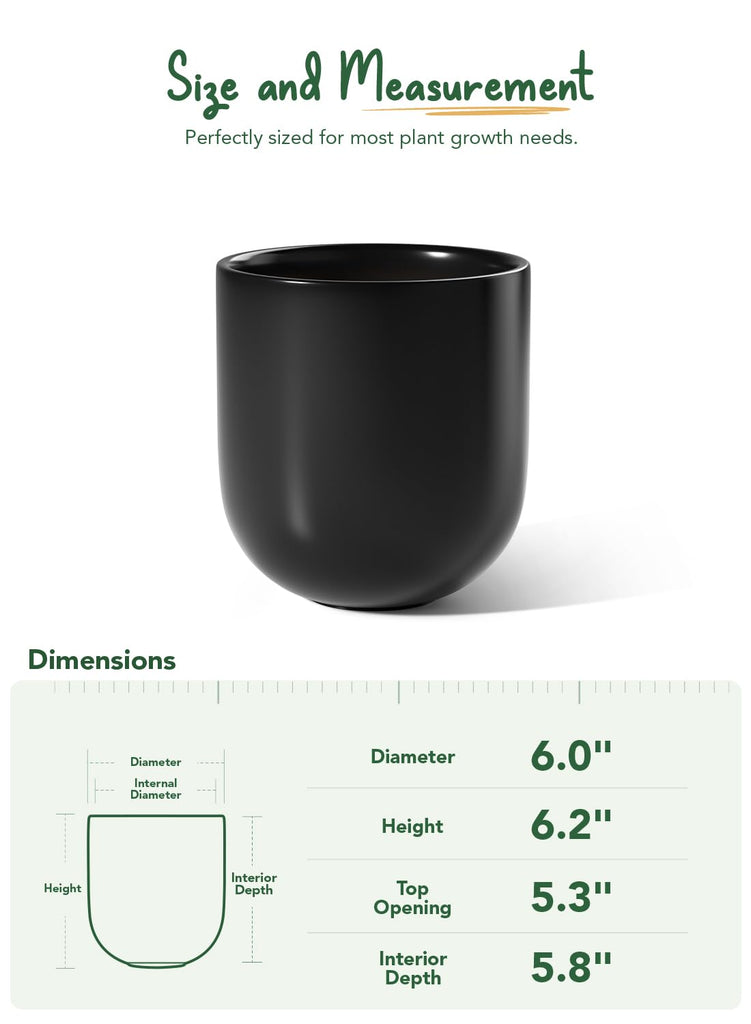 6 Inch Ceramic Plant Pot, Small Indoor Planter, Black