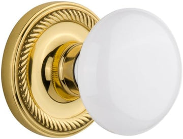 Rope Rosette with White Porcelain Knob, Privacy - 2.75", Unlacquered Brass