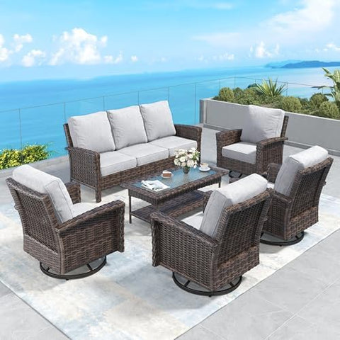 Wicker Outdoor Patio Furniture Set - Swivel | Grey with Thick Cushions for Backyard, Garden & Porch