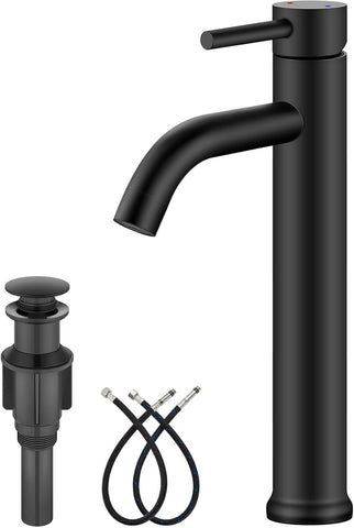 Matte Black Vessel Sink Faucet Bathroom Faucet Tall Stainless Steel Bathroom Sink Faucet Single Handle One Hole Round