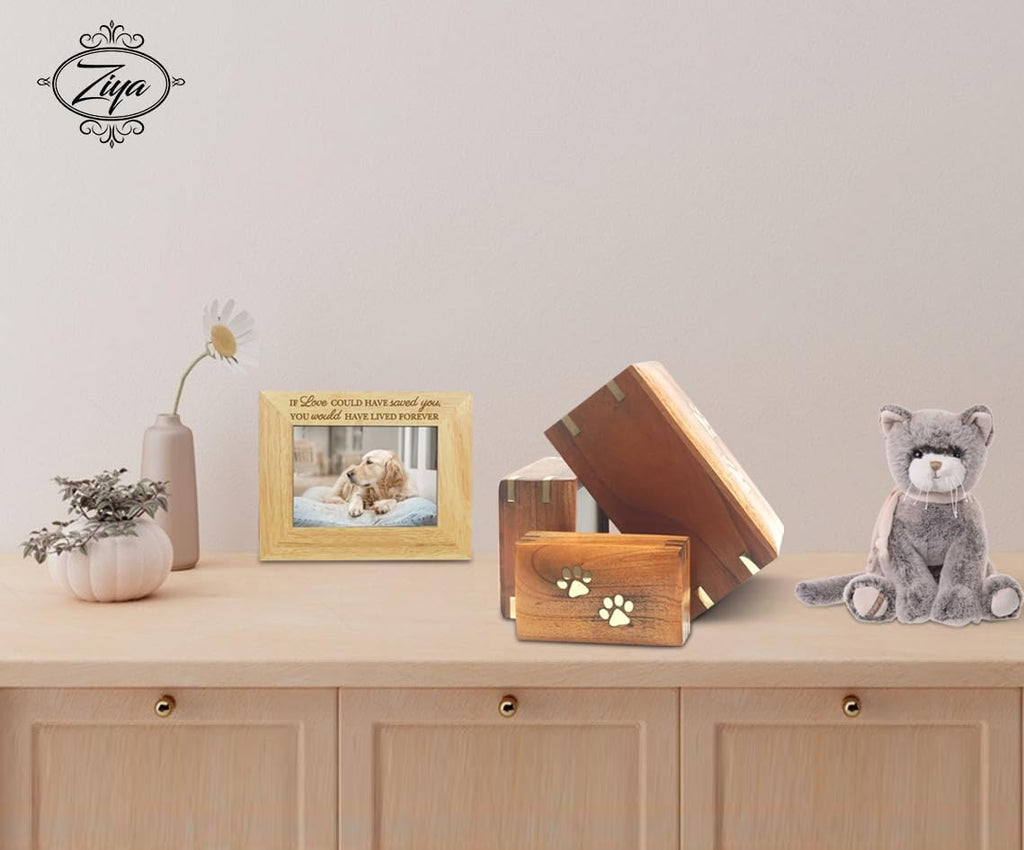 Wooden Small Cremation Pet Urn for Dog and Cat Ashes Box | Handmade Wood Memorial Pet Urn | Brass Paws Inlaid | Pet