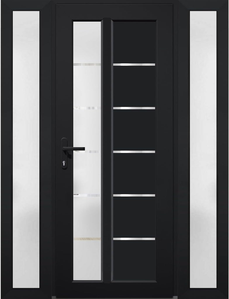 Front Exterior Prehung Fiberglass Door Frosted Glass/Manux 8088 Matte Black / 2 Side Exterior Windows/Entrance Patio