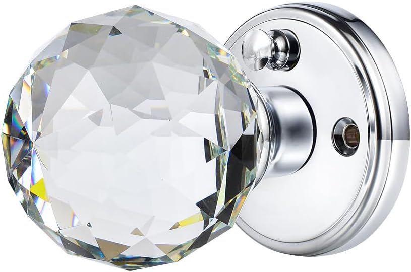Glass Door Knobs Interior with Lock, Polished Chrome Crystal Privacy Round Door Knobs Bathroom