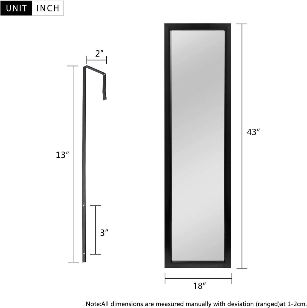 Over The Door Wall Mirror, 43" x 18", Black, Plastic Frame