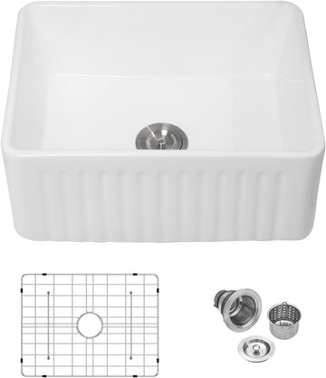 24 Inch White Farmhouse Kitchen Sink Apron Front Farm Sink Undermount Fireclay 24 x 18 x 10 Inch Single Bowl Ceramic