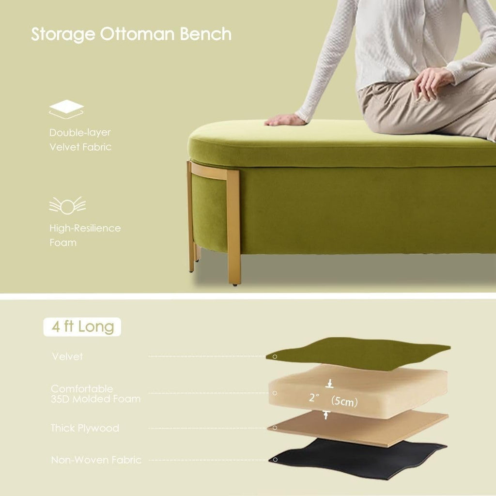 48" Velvet Storage Bench with Gold Legs, Olive Green | End of Bed Ottoman Bench with Hidden Storage