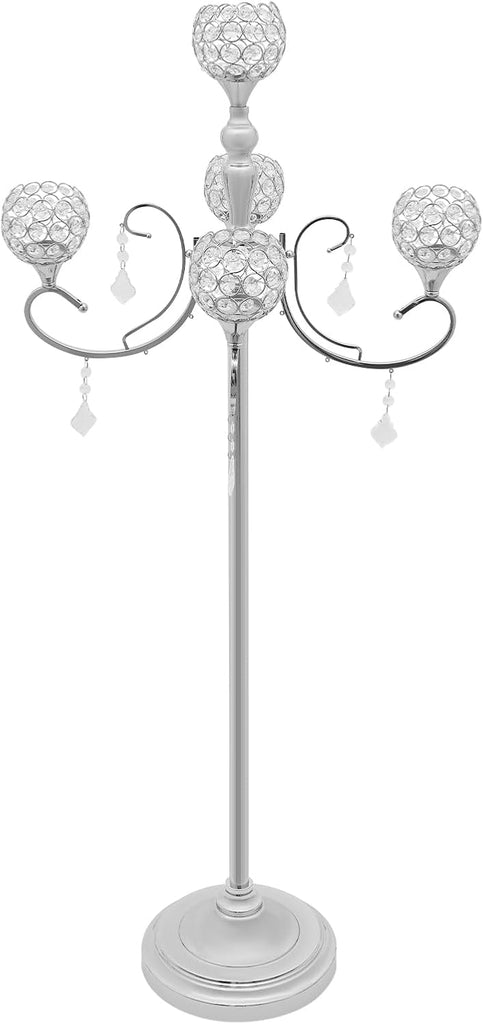 5 Arm Crystal Candelabra Centerpiece,49.2in Tall Floor Candelabra with Crystal Candle Holder Bowl,Silver Centerpiece