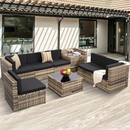 8-Piece Wicker Outdoor Patio Furniture Set | Black with Thick Cushions for Backyard, Garden & Porch