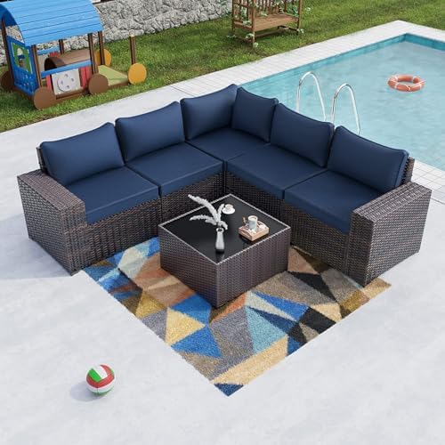 6-Piece Wicker Outdoor Patio Furniture Set | Navy Blue for Patio, Garden & Porch