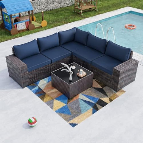 6-Piece Wicker Outdoor Patio Furniture Set | Navy Blue for Patio, Garden & Porch