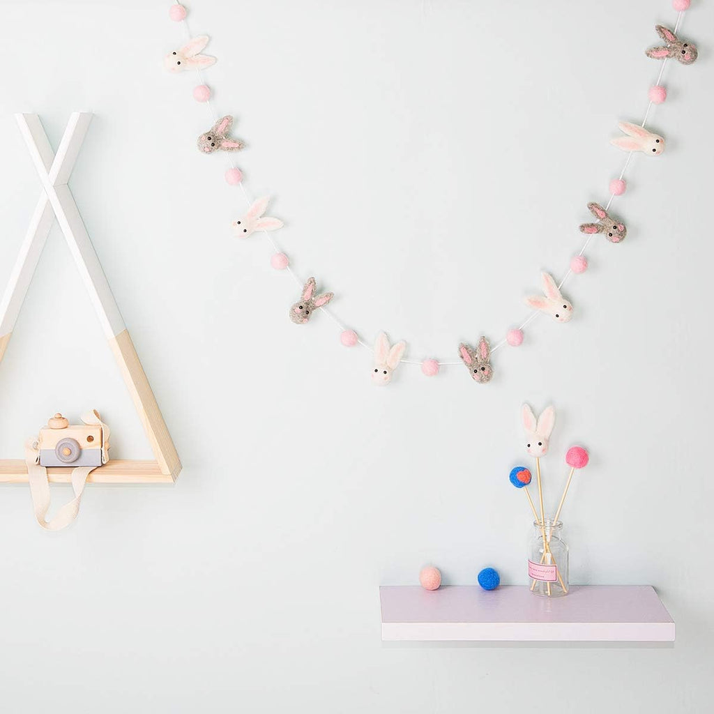 Pinkblume Easter Felt Garland Wool Rabbit Pom Pom Banner,Handmade Bunny Ball Garland for Easter Holiday Baby - Set of 16