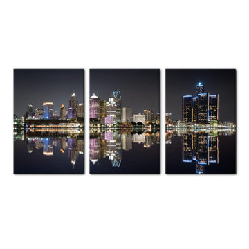 3 Pieces Panoramic Detroit Cityscape Picture Black and White Michigan Night Skyline Canvas Prints Wall Decoration