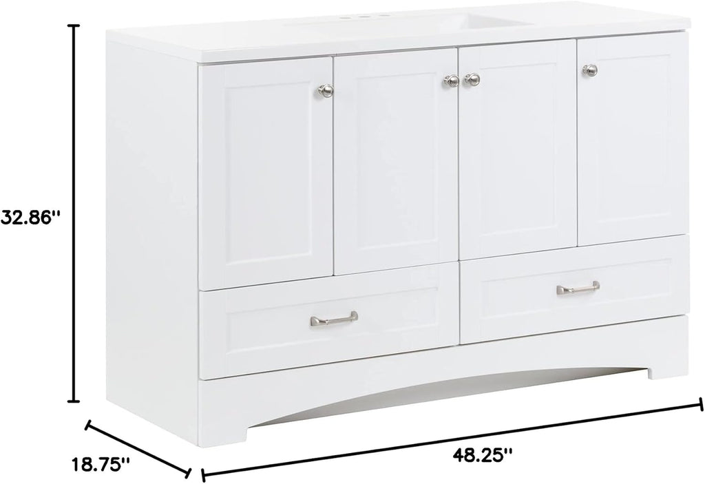 Spring Mill Cabinets Emlyn 48 Inch Bathroom Vanity with White Single Sink Top, 3 Cabinets, 2 Shelves, 2 Drawers