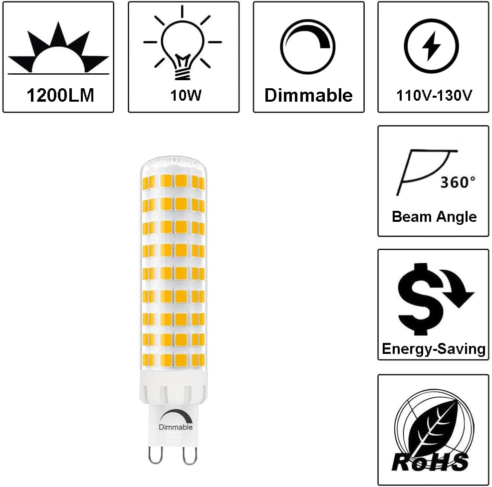 Dimmable G9 LED Bulb 10W, 100W Halogen Equivalent,1200 Lumens,3000K