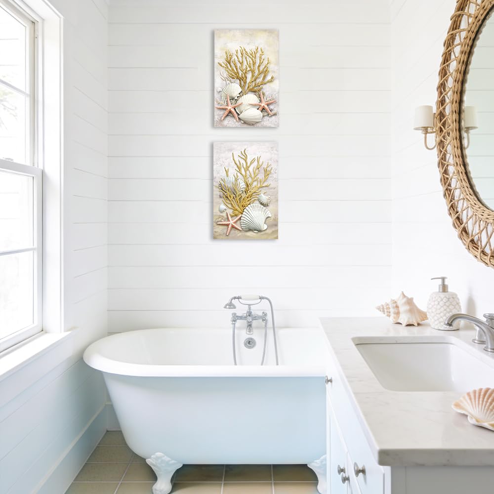 Coastal Wall Art 2 Piece Canvas Yellow Coral Wall Decor Bathroom Nautical Picture Starfish Shell Prints Beach Home