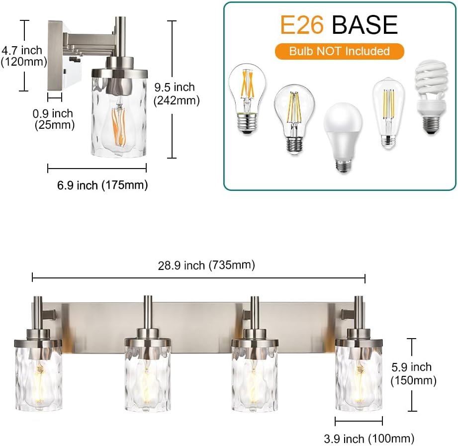 Bathroom Vanity Lighting Fixtures 4 Lights,Brushed Nickel Bathroom Vanity Lights with Clear Hammered Shade Wall