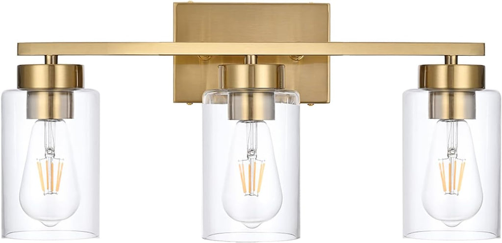 3-Light Bathroom Vanity Light, Modern Brushed Gold Wall Lights with Clear Glass Shades, Bathroom Wall Sconce Lamp for