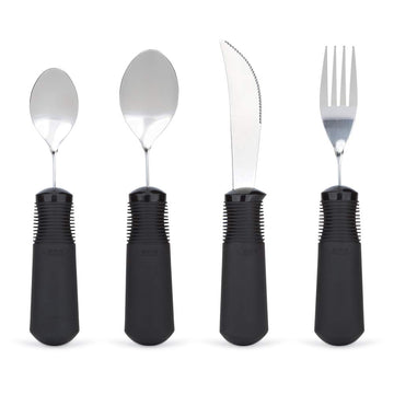 Adaptive Utensils. Norco Big Grips 4- Piece Utensil Set - Non weighted. Serrated Knife, Bendable Fork and (2) Spoons.