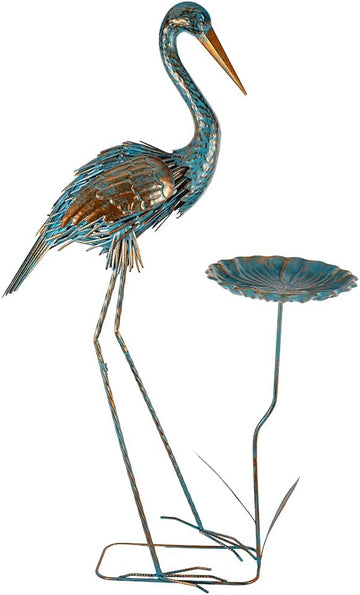 Metal Crane Garden Statue for Outside with Leaf Tray | Large Heron Outdoor Statues, Elegant Crane Yard Art Garden