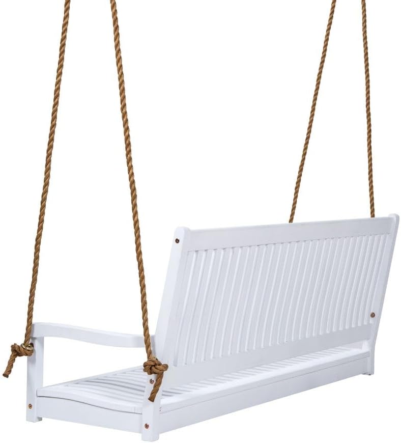 Hayden 5 Foot White Porch Swing with Ropes - Outdoor Bench Swing Crafted from Naturally Weather-Resistant Acacia Wood
