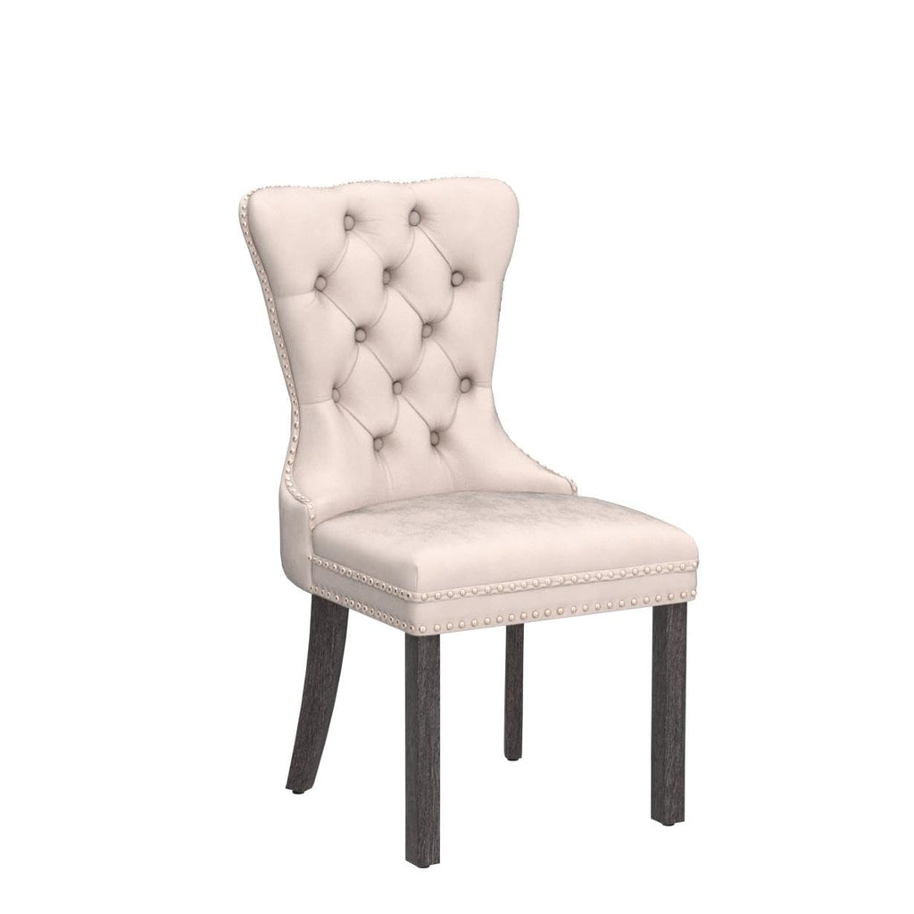 Beige Velvet Dining Chairs Set of 4, Elegant Tufted & Nailhead, Wood Legs