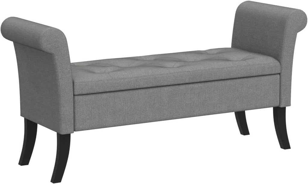 52in Rolled Arm Storage Ottoman Bench , Light Gray | Button-Tufted Bench Seat with 1.9C Storage Space, Rolled Arms