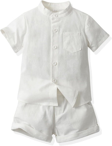 Baby Boys Cotton Linen Shorts Set Band Collar Short Sleeve Button Down T-Shirt Tops and Shorts Summer Outfit Clothes