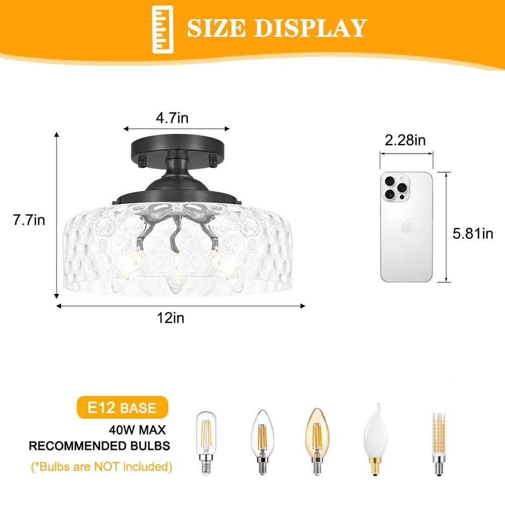 Black Semi Flush Mount Ceiling Light, 3-Light Ceiling Light with Hammered Glass, Vintage Hallway Lights, Closet Light