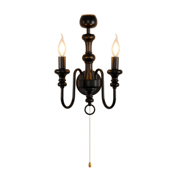 Matte Black Iron Double-Arm Wall Sconce, Retro Farmhouse Hardwired Lamp with Scented Candle Tray & Pull Switch Decor